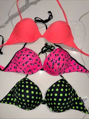 Joe Boxer Neon Coral, Hot Pink Leopard & Black with Lime Dots Bikini Tops